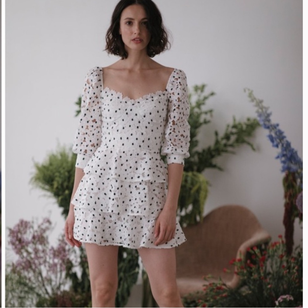 Sau Lee Black White Polka Dot Mini Lace Dress